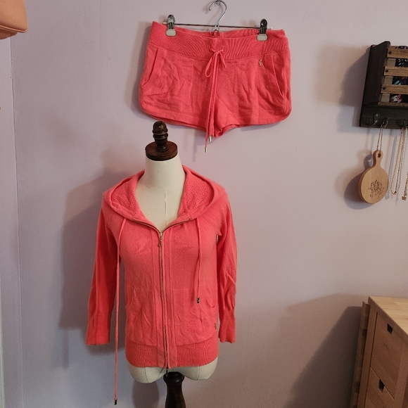 Juicy Couture Cashmere Shorts & Jacket Sweat Suit Lounge Vibrant Coral size L